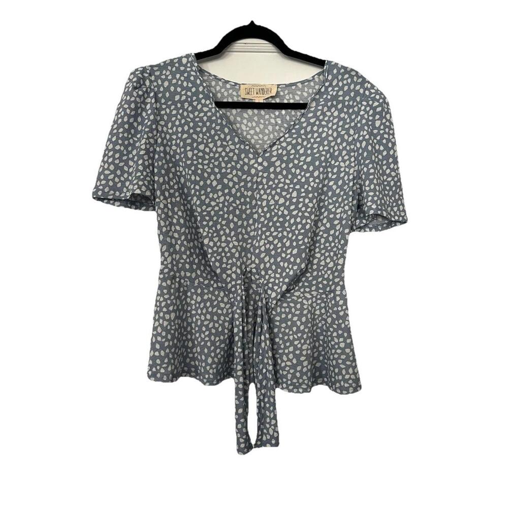 Sweet Wanderer Women’s Blue White Dotted Peplum Tie-Front Top Size L NWT